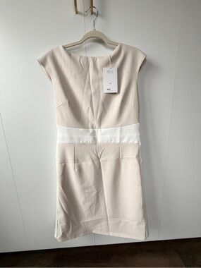 MOTF Cream Beige Sheath Dress with White Waistband